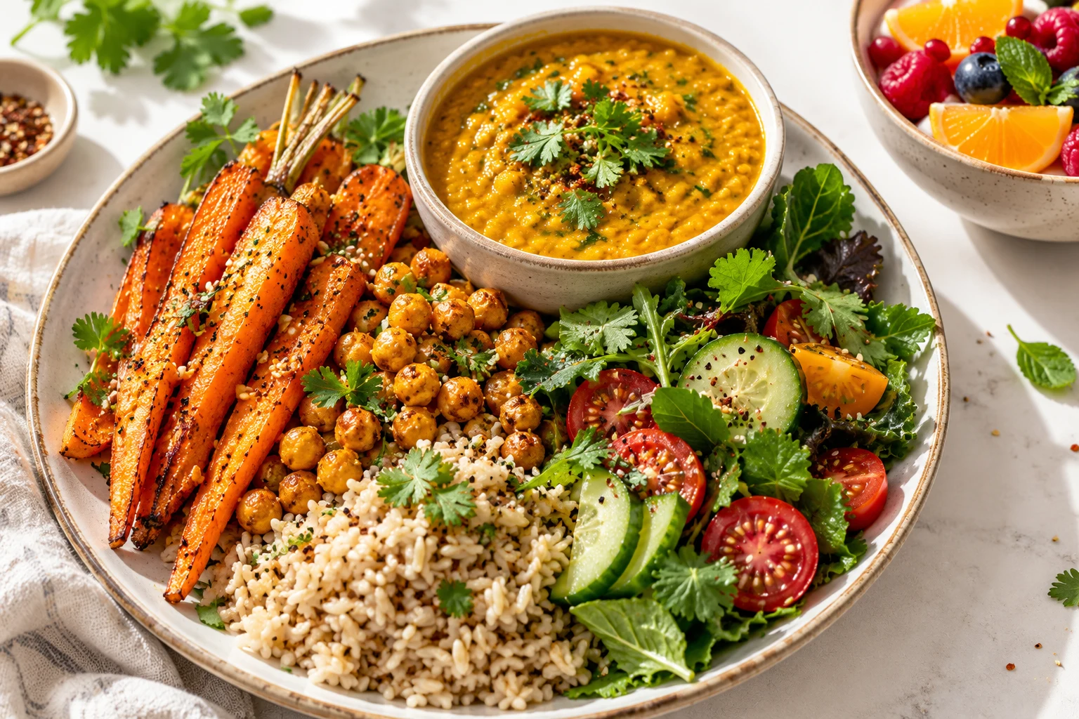 A colorful balanced meal of lentils, vegetables and grains